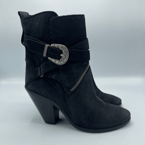 AllSaints TEJUS Ladies Black Leather Buckle Western Ankle - Picture 3 of 12
